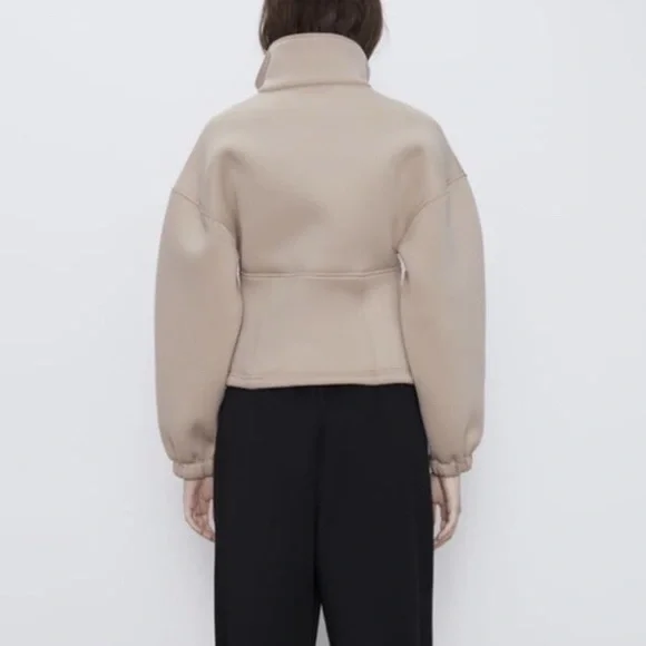 Zara Scuba Zip Up Jacket Size Small Beige Puff Sleeve Athleisure - Picture 5 of 11